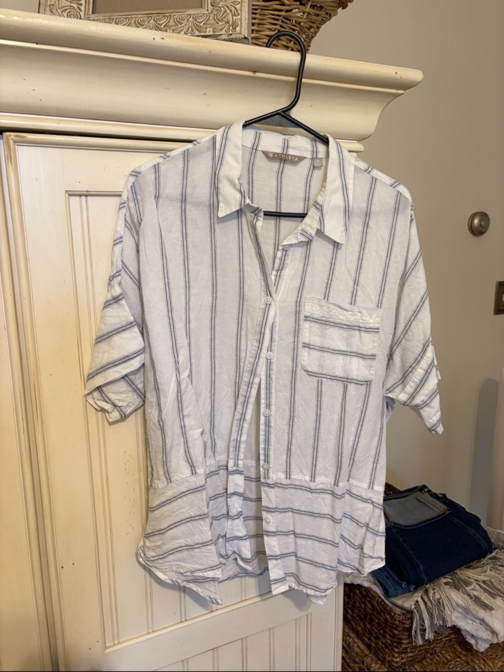 Athleta White Shirt with Blue Vertical Stripes